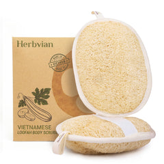 Herbvian Vietnamese natural loofah pads packaged for convenient two-pack use and travel-friendly freshness.