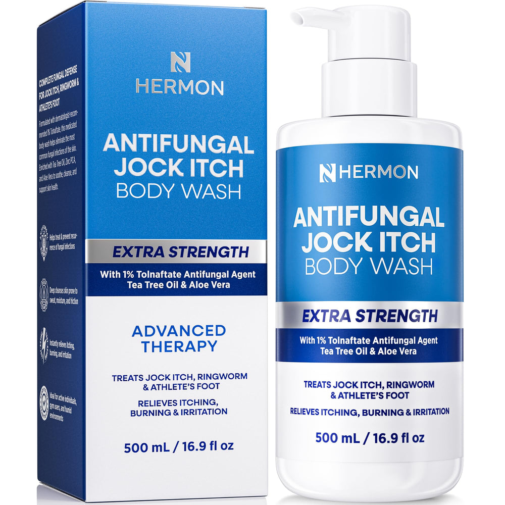 Hermon antifungal body wash bottle pouring rich lather for post-workout refreshment.
