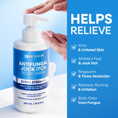 Hermon antifungal wash in lather on back and feet areas prone to fungal concerns.