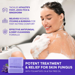 Hermon Antifungal Soap Lavender Bubbles highlights calming scent and gentle cleansing after gym sessions.
