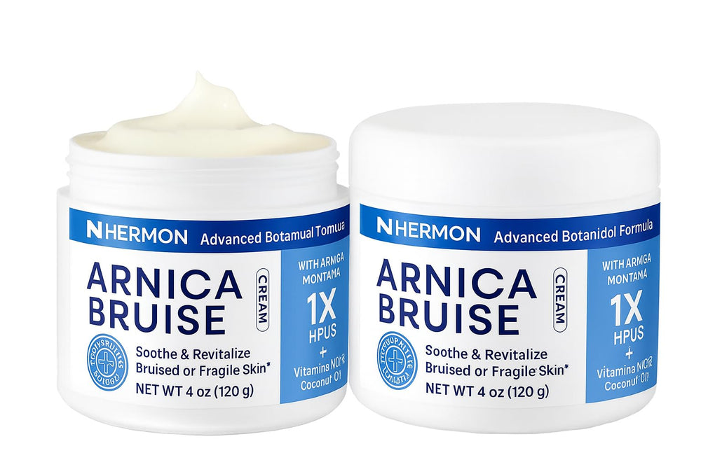 Hermon Arnica Bruising Cream bottle shows premium formula for targeted bruising support.