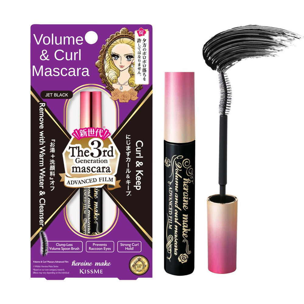Heroine Make mascara advanced film closeup with curvy brush for dramatic curl and lift.