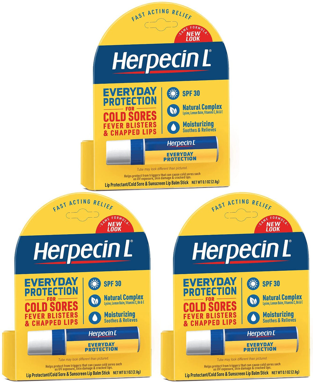 Herpecin L lip protectant SPF 30 packaging, convenient three-pack for on-the-go protection.