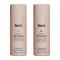 Hers Full Volume shampoo bottle with Coastal Cedar Citron scent boosts lightweight volume