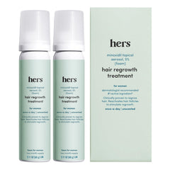 HIMS & HERS hair regrowth foam bottle close-up for easy daily use.