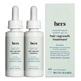 hers Hair Regrowth Solution bottle shows 2% minoxidil for daily use toward fuller hair.