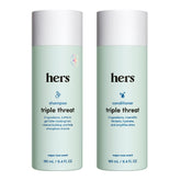 hers triple-threat shampoo bottle closeup for fuller-looking hair