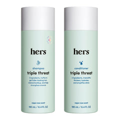 hers triple-threat shampoo bottle closeup for fuller-looking hair