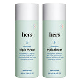 hers triple threat shampoo bottle front view in a 2-pack for convenient cleansing