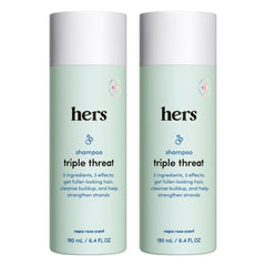 hers triple threat shampoo bottle front view in a 2-pack for convenient cleansing