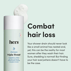 hers triple threat shampoo bottle side view highlights rose scent and vegan formula