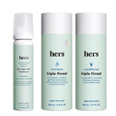 Hims & Hers triple-threat shampoo bottle showing fuller-looking hair during cleansing