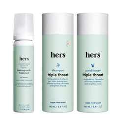 Hims & Hers triple-threat shampoo bottle showing fuller-looking hair during cleansing