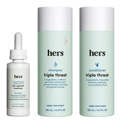 hers triple threat shampoo bottle showing color-safe thickening formula.