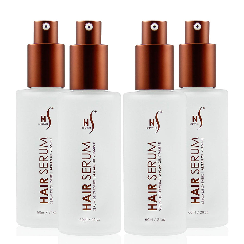 HerStyler Serum 4 Pack bottle closeup with frizz control for smooth, shiny hair.