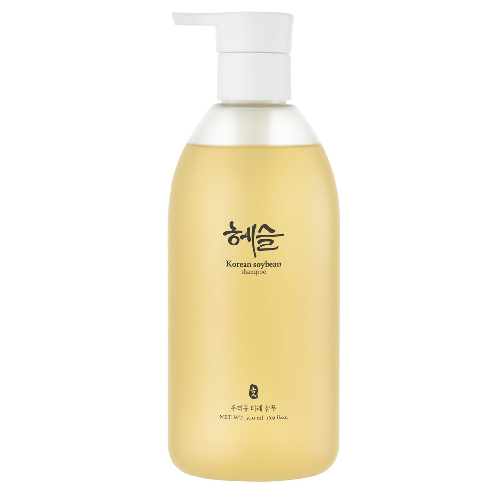Hesul Korean Soybean Shampoo bottle pour shows sulfate-free cleansing for sensitive scalps