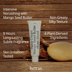 Hetras Perfume Hand Cream ingredients mango seed butter and shea for nourishment.