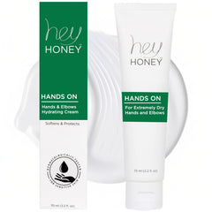 Hey Honey hand cream tube close-up showing rich hydration for dry hands