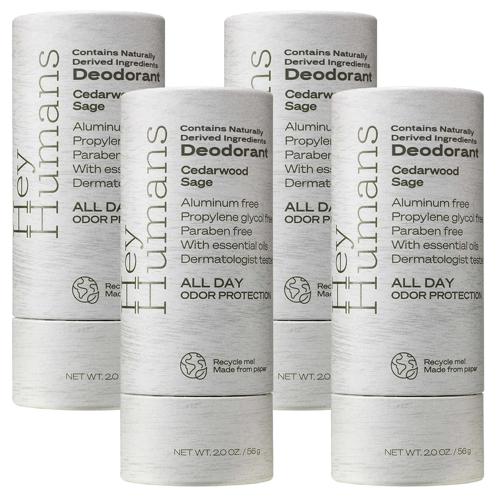Hey Humans aluminum-free deodorant packaging on recyclable paper for eco-friendly use