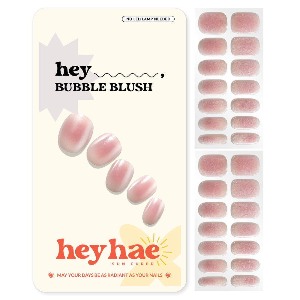 Heyhae semi-cured gel nail strips in summer marble pink for at-home salon-quality nails.