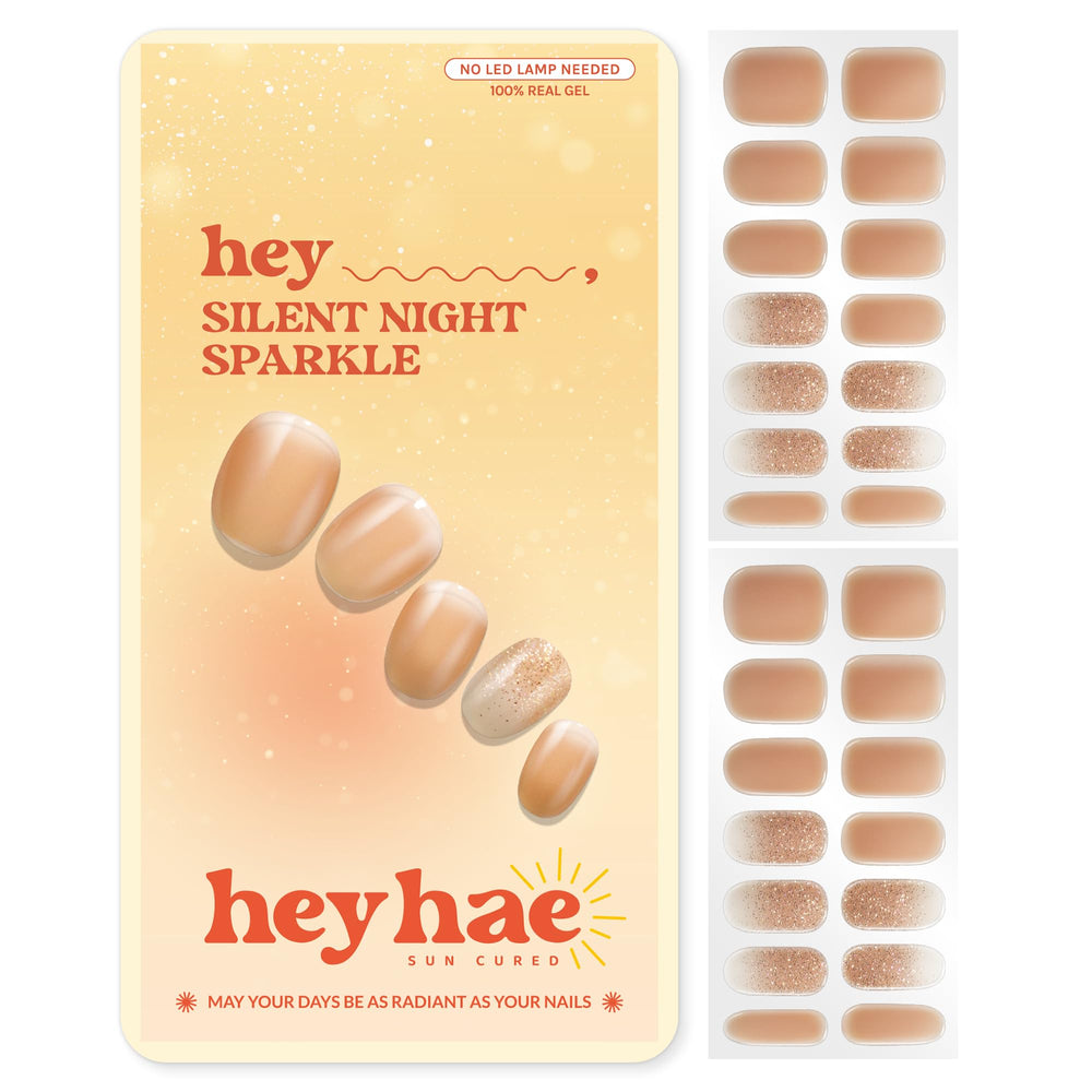 Heyhae semi-cured nail strips closeup showing easy application and gold sparkle