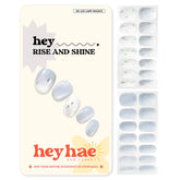 Heyhae semi-cured nail strips packaging shows 28-strip kit and tools for at-home DIY nails.