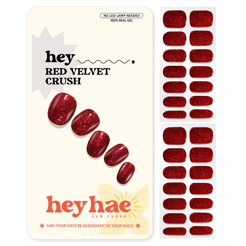 Heyhae semi-cured nail strips in red glitter for at home salon quality