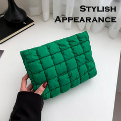HFLZBRO Puffy makeup bag green front view shows quilted design.