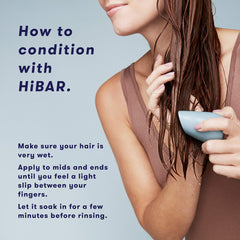 HIBAR Soothe Conditioner Bar on wet hair demonstrates detangling-ready use.