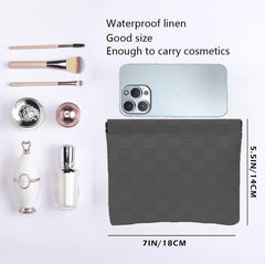 HIGH FIT leather pocket cosmetic bag with no-zip design enables one-handed access.