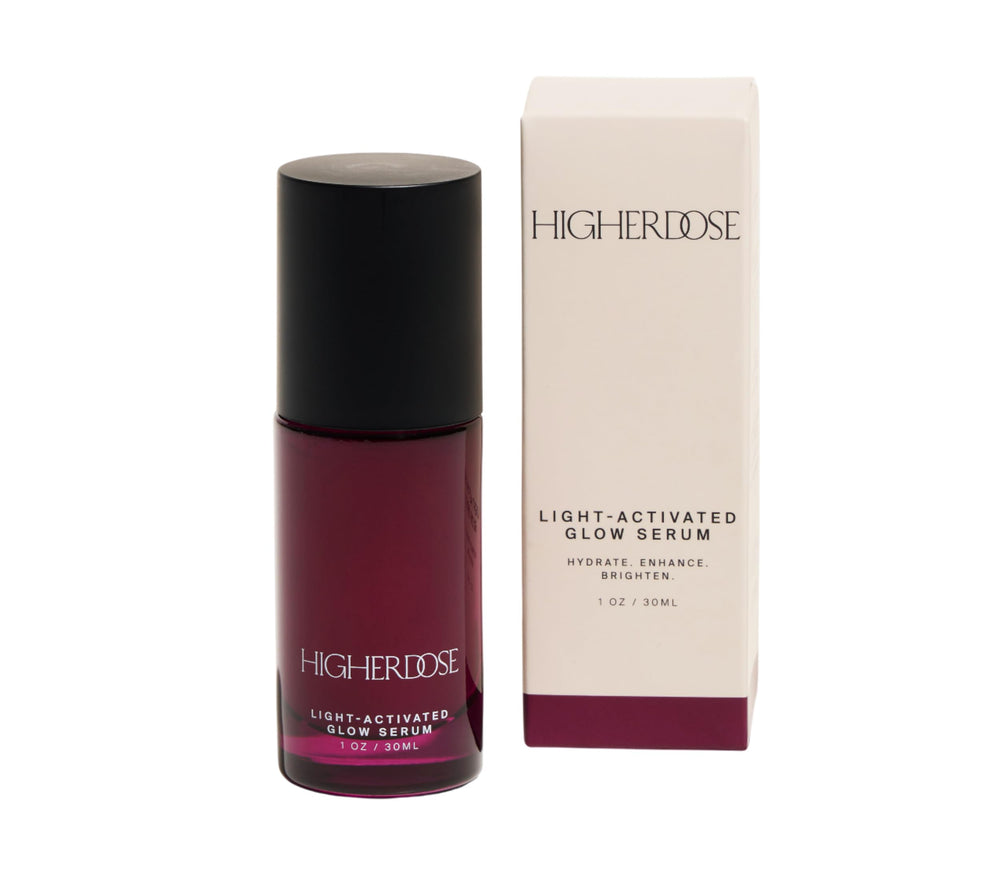 HigherDOSE Glow Serum bottle close-up highlighting hydration support for radiant skin