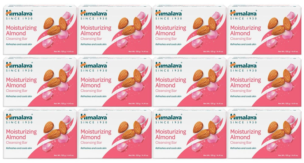 Himalaya Moisturizing Almond Cleansing Bar pack shot showing the 12-pack for soft skin
