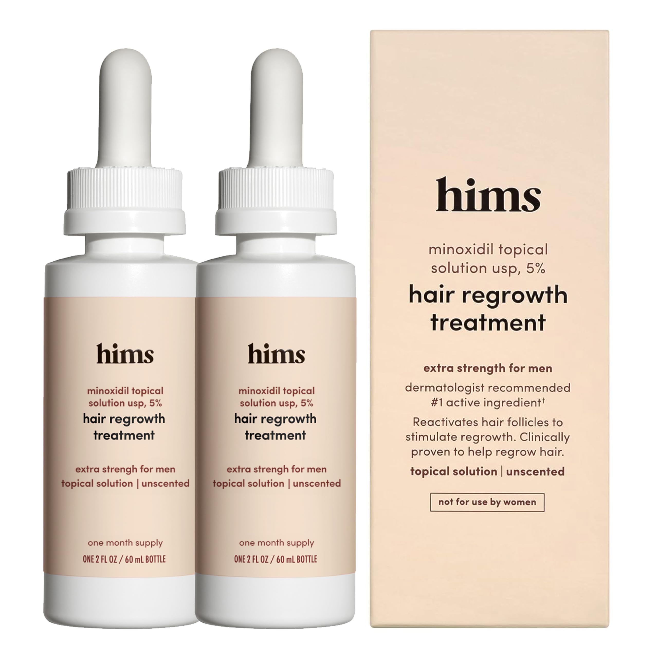 HIMS Hair Regrowth Treatment bottle showing 5% minoxidil for daily use to support fuller hair.