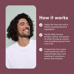 Hims Max Volume Shampoo label closeup highlights clean ingredients and Citrus Spice scent.