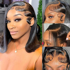 HIRIREMY Bob Wig 14in lace-front close-up shows natural scalp and smooth texture for daily wear.