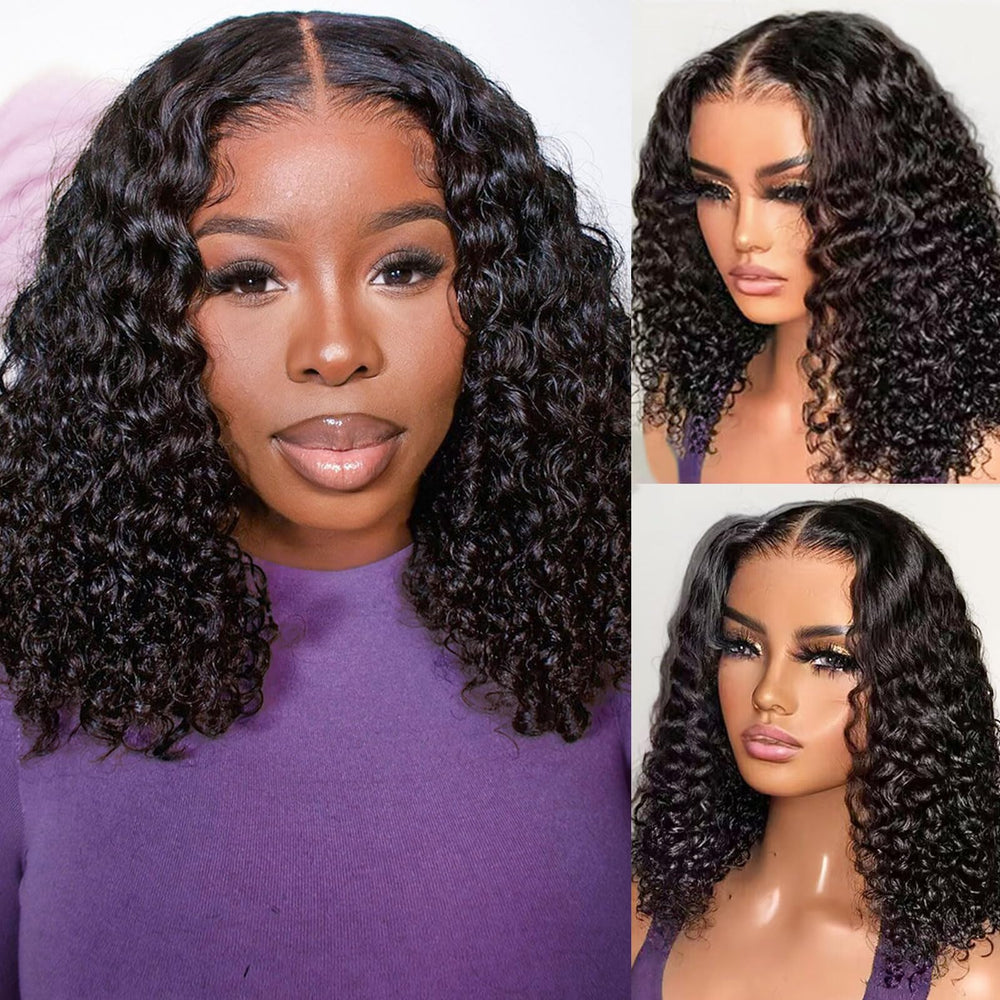 HIRIREMY Deep Wave Bob Wig close-up reveals natural hairline and soft, bouncy curls.