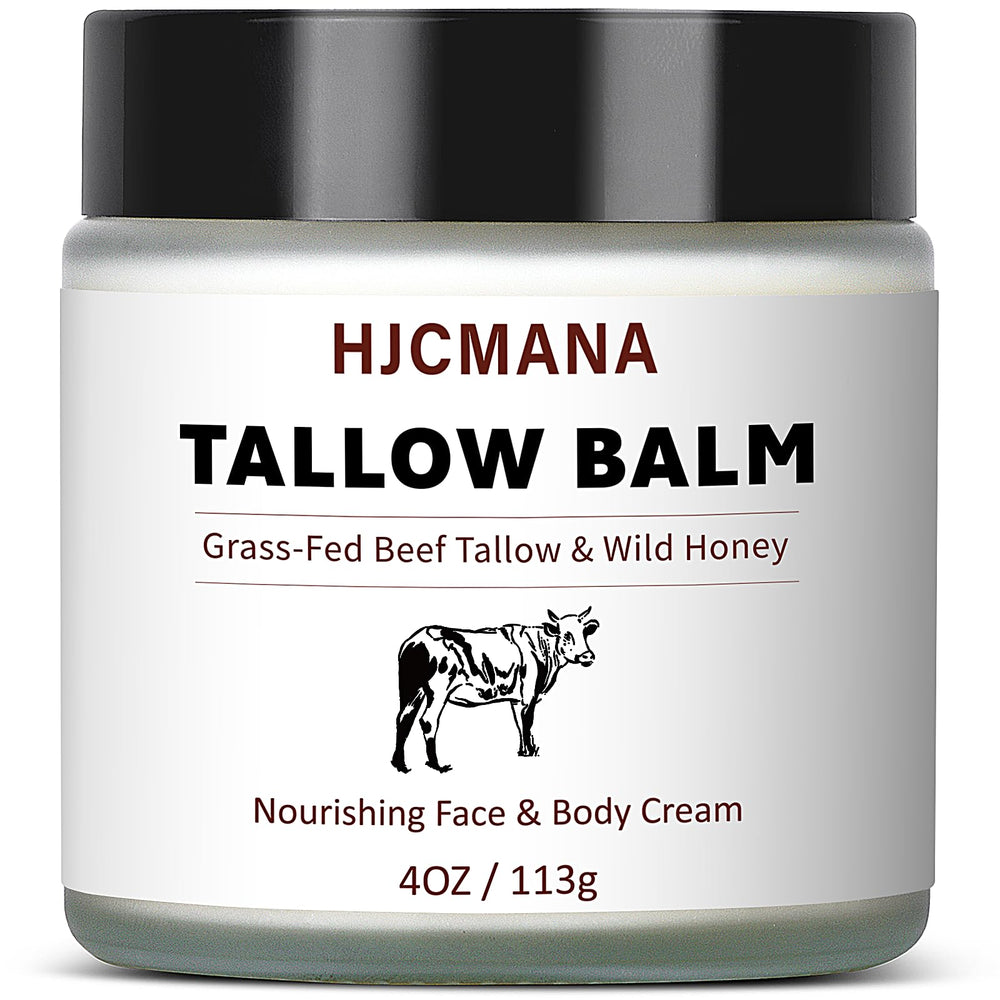HJCMANA Beef Tallow Balm jar closeup showing unscented, deep hydration for skin