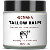 HJCMANA Beef Tallow Balm jar closeup showing unscented, deep hydration for skin