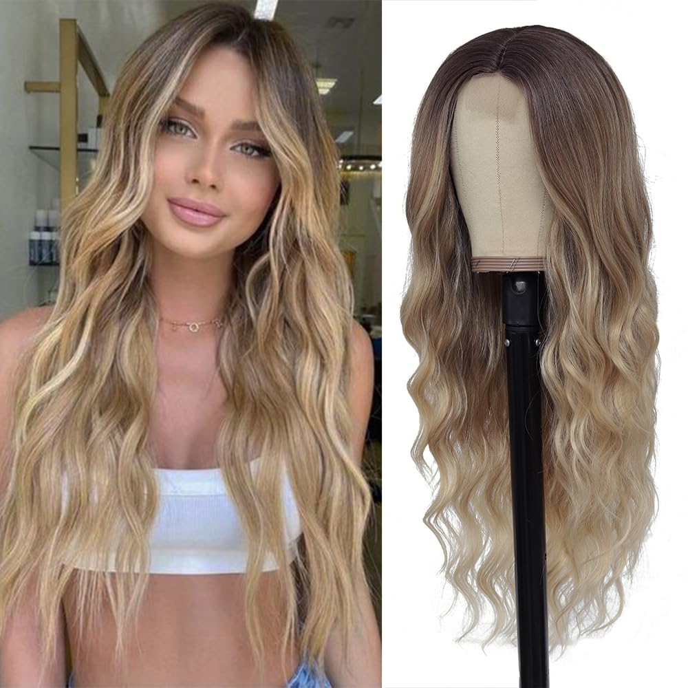 HMHIFI long ombre blonde wig 26in front view highlighting natural shine for daily wear