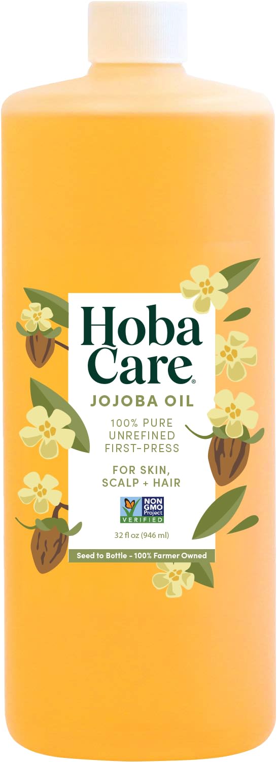 HobaCare Jojoba Oil bottle pour demonstrating quick absorption for skin and hair.