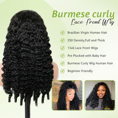 Hogu Burmese curly wig water-wave natural color blends with skin for seamless look.