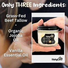 HolyCow whipped balm applied to hand showing hydrating facial use.