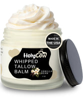 HolyCow beef tallow balm jar with whipped texture for deep hydration and dry skin relief.