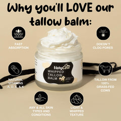 HolyCow grass-fed tallow bottle emphasizes natural skincare ingredients.
