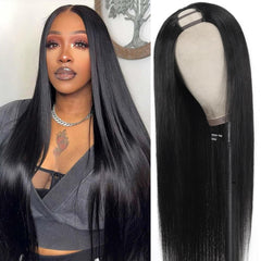Homgoss U Part Wigs model shot in 1B natural black for seamless blend.