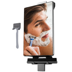 HONEYBULL fogless-shower-mirror shows shaving in the shower with crisp reflections.