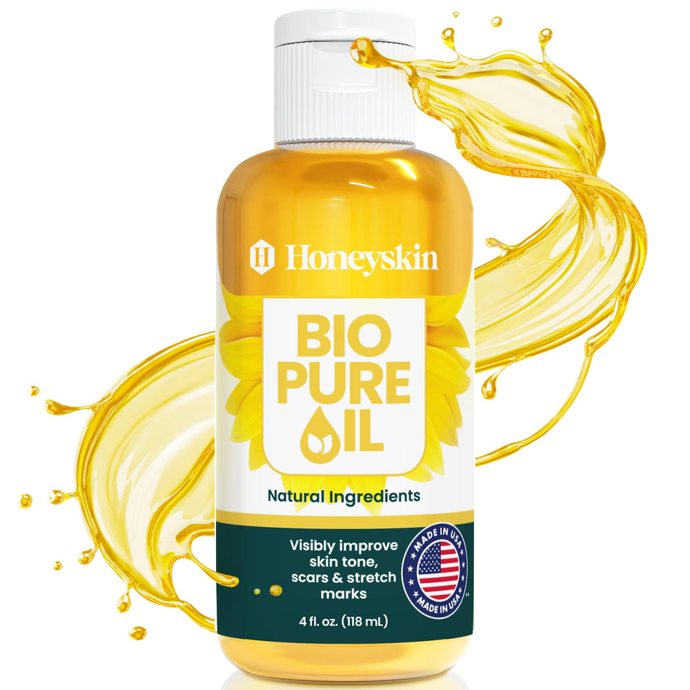 Honeyskin Bio Pure Skincare Oil bottle for deep hydration and scar care.