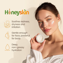 Honeyskin Manuka Honey Cream jar closeup highlights rich texture and natural ingredients.