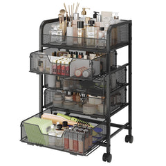 Hongtamoya makeup cart top display shows brushes and skincare for a tidy vanity routine