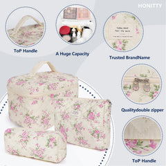 Honitty floral makeup bag travel zip highlights secure, smooth zipper and sturdy construction
